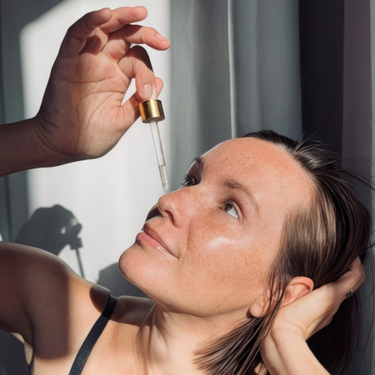 Woman applying Frena Facial Serum - lightweight serum for smoothing crepey skin, fine lines, and uneven skin tone.
