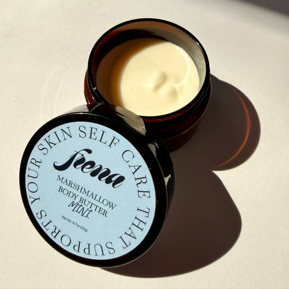 Marshmallow body butter in mini size with lid open
