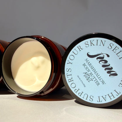 Marshmallow body butter in mini size with lid open