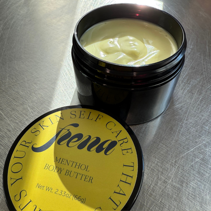 open jar of Menthol Body Butter | Cooling Relief for Sore Muscles & Dry, Stressed Skin